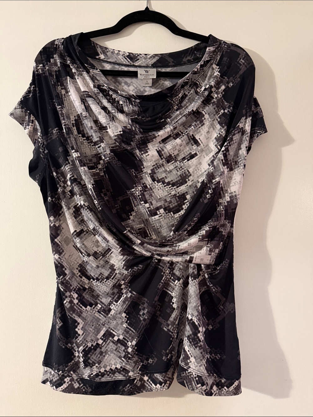 Worthington Stretch Black & Gray Cowl Neck Twist-Front Top